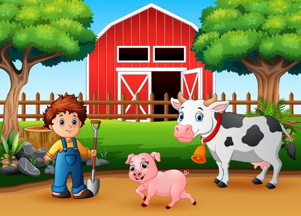 Agricultor Trabajando Paisaje Granja — Vector de stock