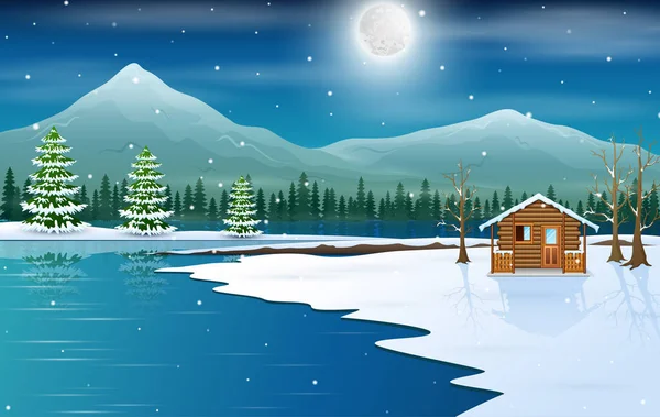 Winter Landscape Wooden Small House Lake Stock Vector