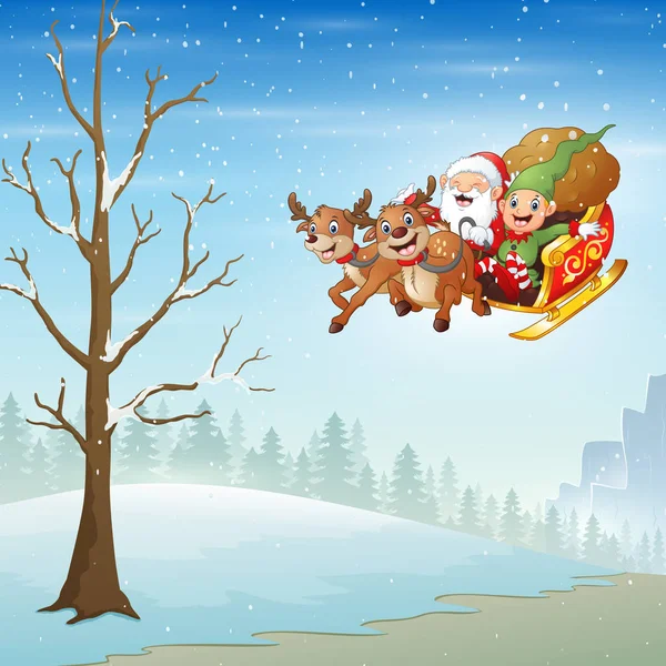 Weihnachtsmann Und Elfe Auf Hirschschlitten Durch Verschneiten Wald — Stockvektor