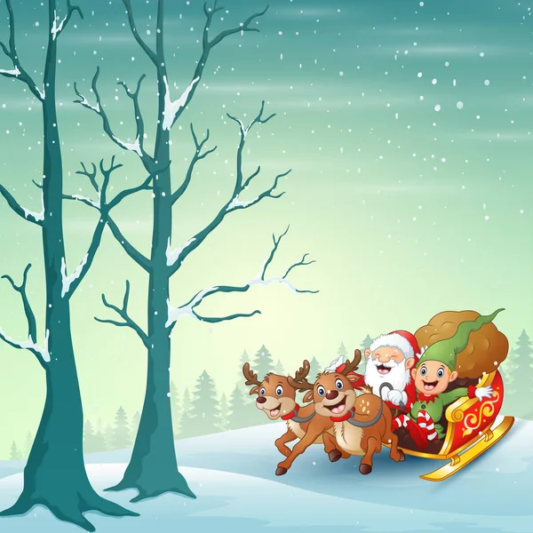 Счастливого Санта Клауса Эльфа Катающихся Санях Зимнему Снегу — стоковый вектор