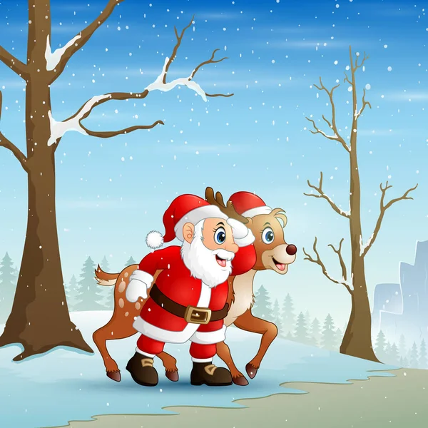 Père Noël Avec Rennes Noël Paysage Hiver — Image vectorielle