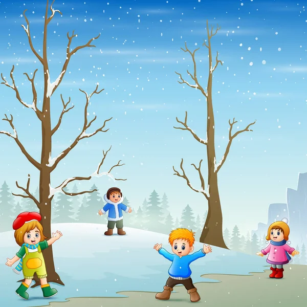 快乐的孩子们在冬天的户外玩耍 — 图库矢量图片