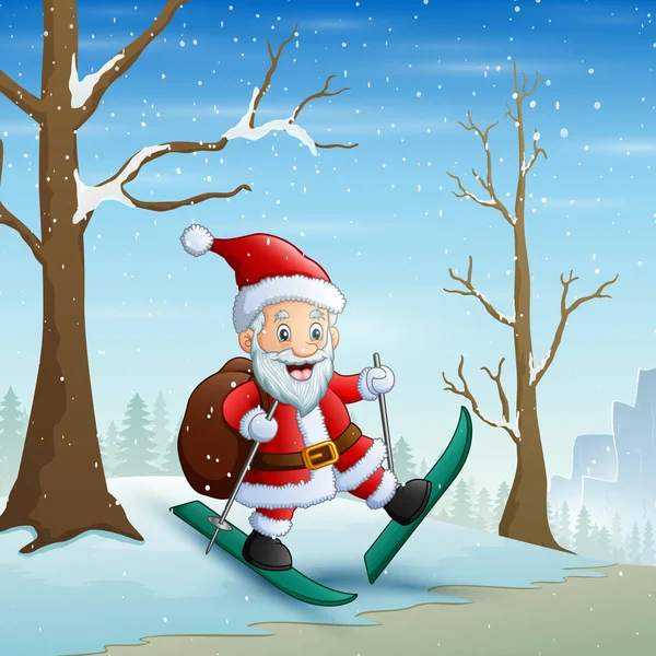 Santa Claus Esqui Neve Com Saco Presentes — Vetor de Stock