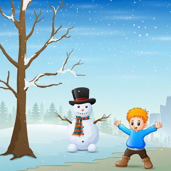 Boy Standing Snowman Winter Landscape — Stock Vector