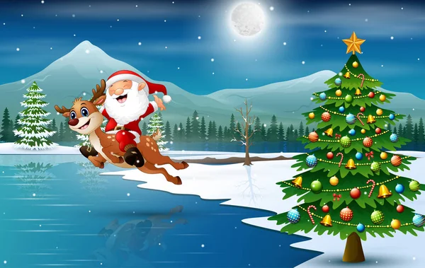 Happy Santa Claus Riding Reindeer Christmas Night — Stock Vector