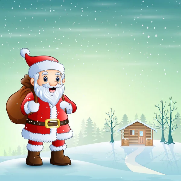 Santa Claus Stående Snön Med Påse Med Presenter — Stock vektor