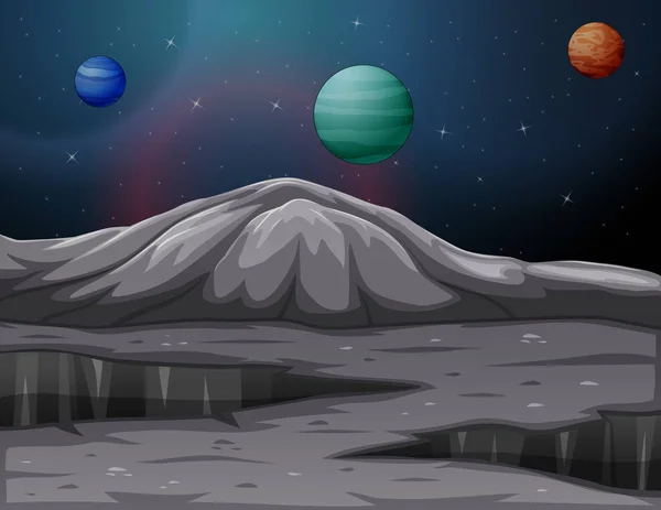 Paisaje Las Montañas Marte Con Otros Planetas — Vector de stock