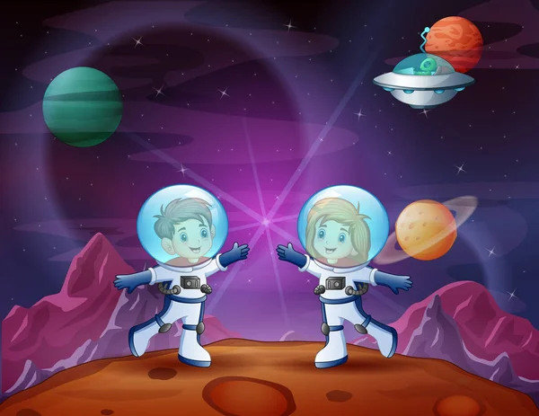 Cartoon Dva Astronauti Děti Zkoumající Měsíci — Stockový vektor