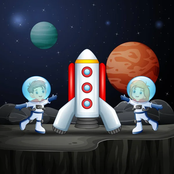 Çizgi Film Iki Astronot Çocuk Uzayı Keşfediyor — Stok Vektör