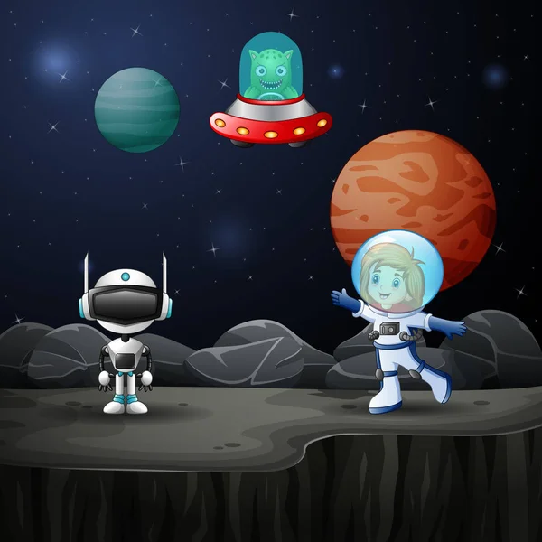 Astronaut Meisje Robot Ruimte — Stockvector