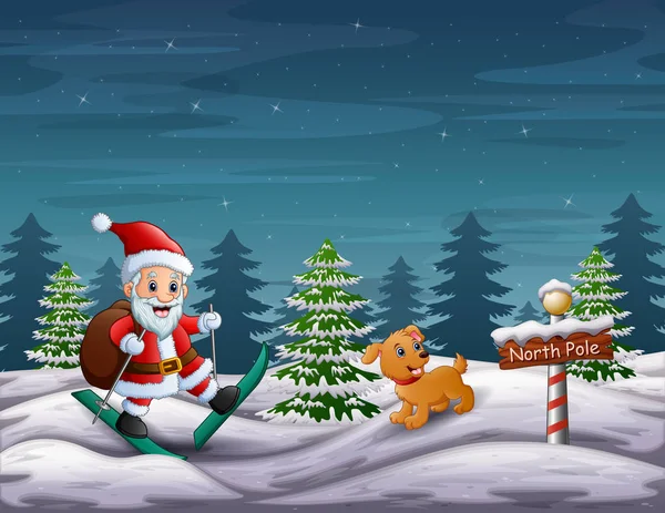 Santa Claus Esquiando Con Perro Polo Norte — Vector de stock