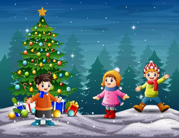 Bambini Felici Che Festeggiano Natale All Aperto — Vettoriale Stock