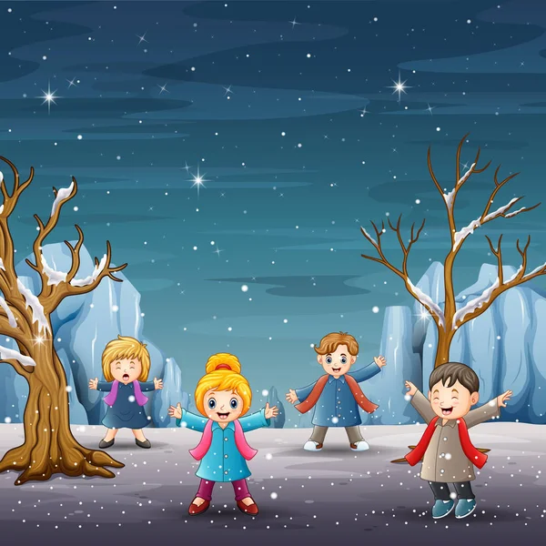 Children Winter Clothes Snowy Forest — Stock Vector