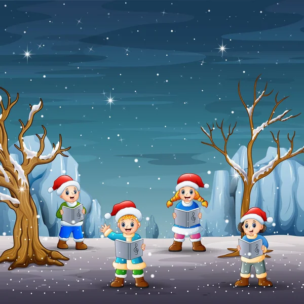 Children Singing Christmas Carols Winter Landscape — Stock Vector
