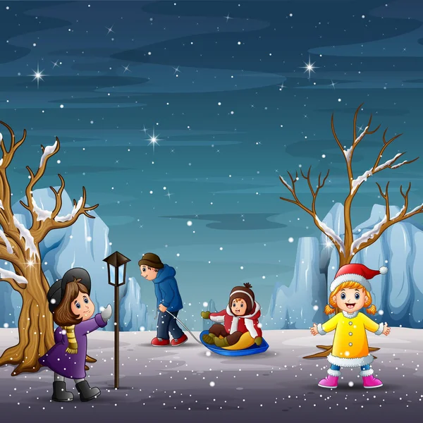 快乐的孩子们在冬天的风景里玩耍 — 图库矢量图片