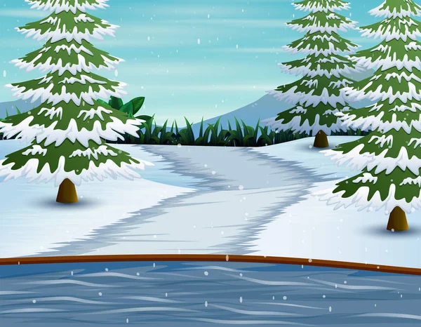 Montañas Invierno Paisaje Lacustre Con Pinos Cubiertos Nieve — Vector de stock