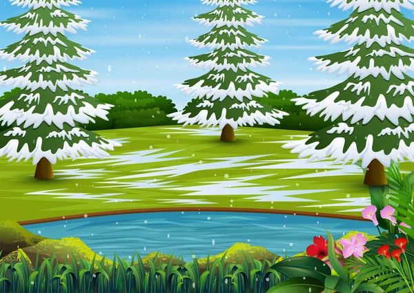 Зимний Сезон Заснеженными Деревьями Маленьким Озером — стоковый вектор