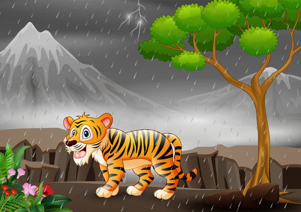 Una Caricatura Tigre Bajo Lluvia Bosque — Vector de stock