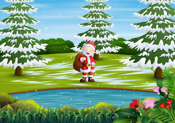 圣诞老人站在森林里 提着一袋礼物 — 图库矢量图片