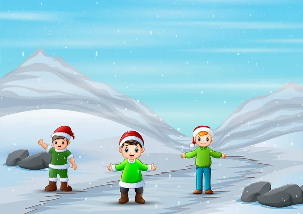 Мультфильм Мальчиков Играющих Снежной Дороге — стоковый вектор