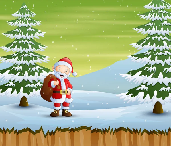 Santa Claus Caminando Con Bolso Camino Nevado — Vector de stock
