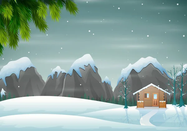 Mały Drewniany Dom Wzgórzu Śnieżnym Tle — Wektor stockowy