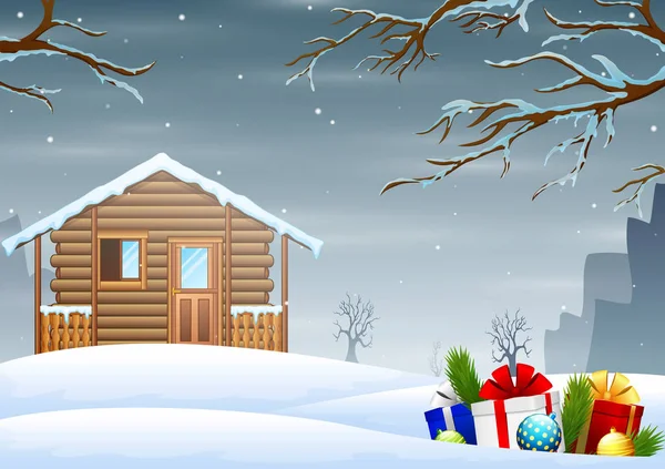 冬季景观与雪屋木箱礼物 — 图库矢量图片