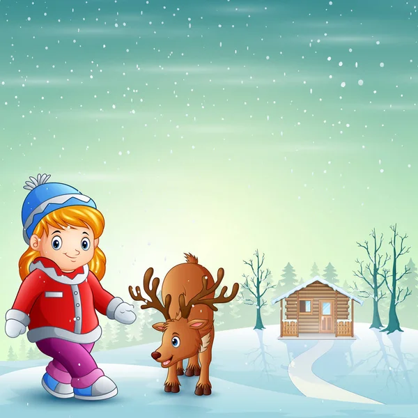 Little Girl Deer Snowy Village — Stock Vector