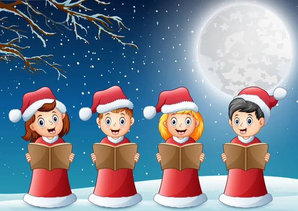 Bambini Costume Babbo Natale Rosso Che Cantano Canti Natalizi Nella — Vettoriale Stock