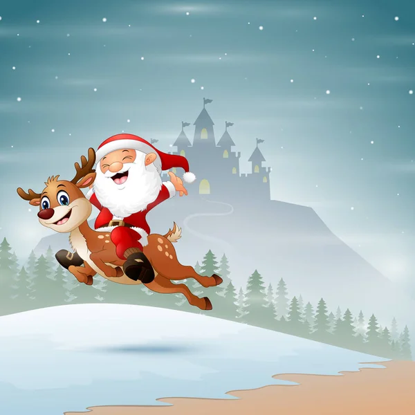 Feliz Santa Claus Montando Reno Saltando Sobre Nieve — Vector de stock