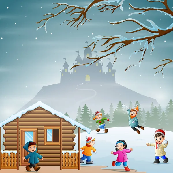 Winter Vacation Children Playing Snow — Stock Vector
