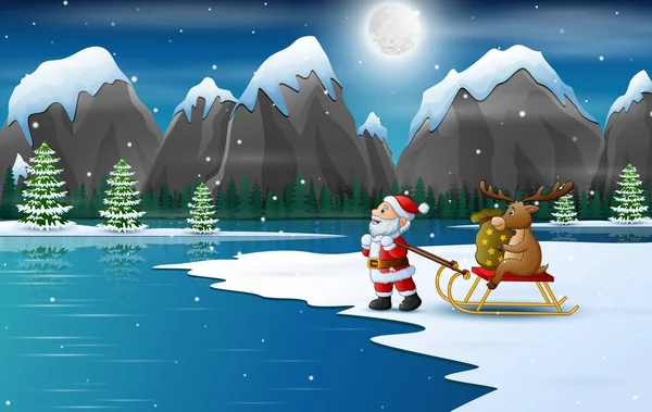 克洛斯用雪橇牵着驯鹿带着一袋礼物 — 图库矢量图片
