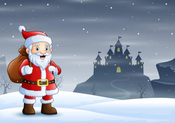圣诞老人站在雪地里带了一袋礼物 — 图库矢量图片