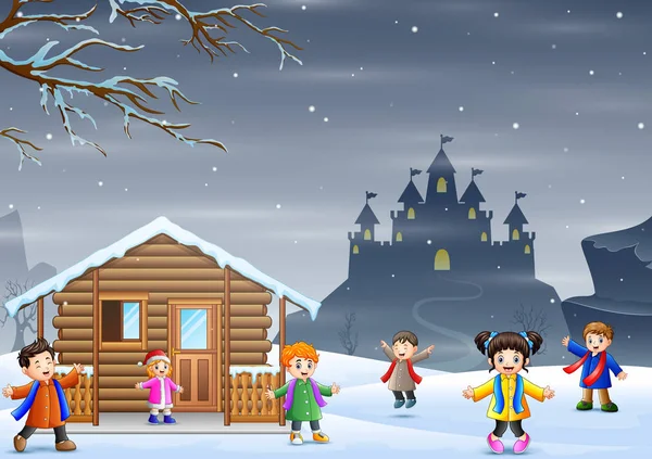 Winter Holiday Many Children Enjoying Snowfall — Stock Vector