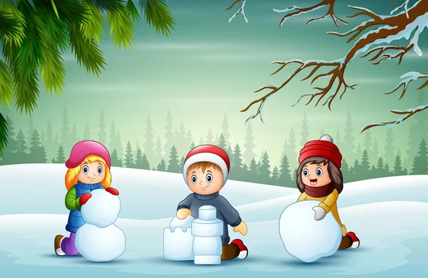 Dibujos Animados Los Niños Jugando Una Nieve — Vector de stock