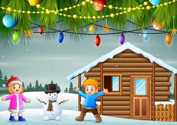 雪人在雪屋前面的孩子们 — 图库矢量图片