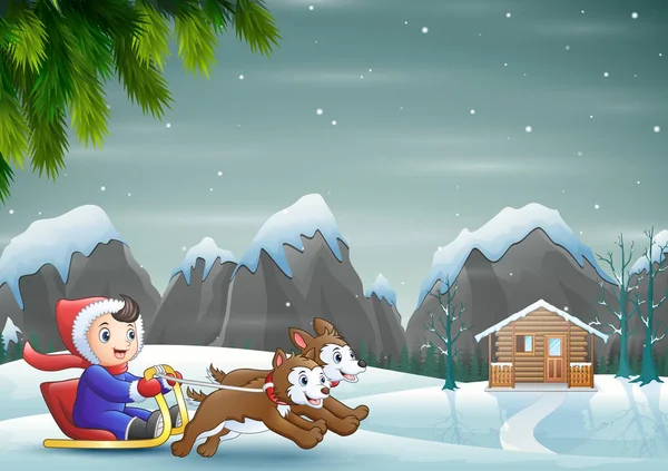 卡通男孩骑着雪橇穿过雪村 — 图库矢量图片