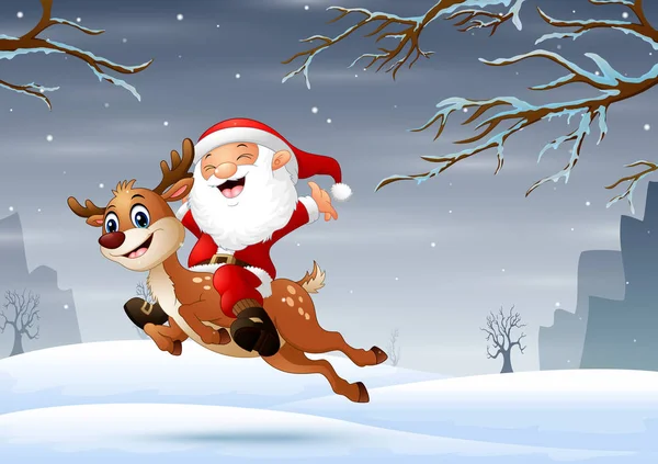 Santa Claus Con Ciervos Saltando Nieve — Vector de stock