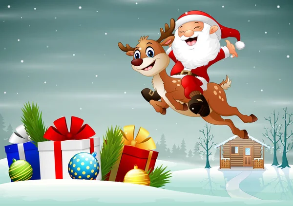 Feliz Santa Claus Entregar Regalos Con Ciervo — Vector de stock