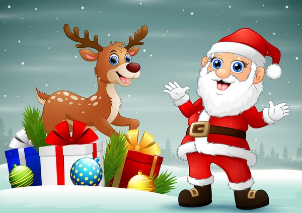 Papai Noel Veado Com Caixas Presente Neve — Vetor de Stock
