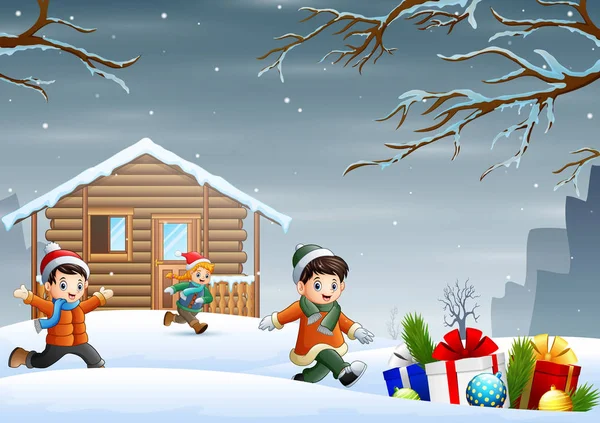 Cartoon Children Enjoying Winter Christmas Front House — Stock Vector