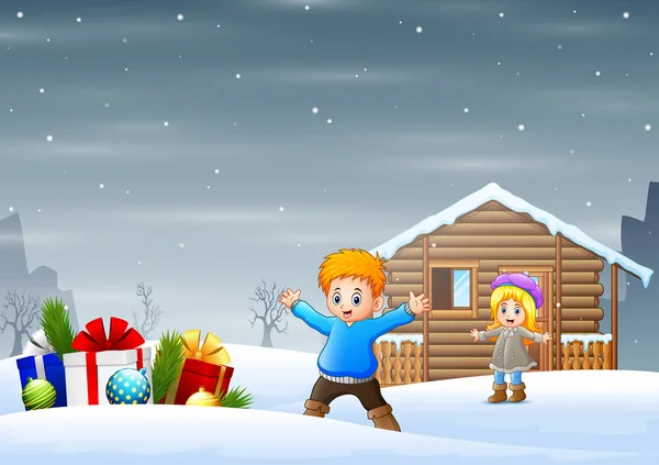 快乐的孩子们带着许多盒子礼物在户外雪地里 — 图库矢量图片