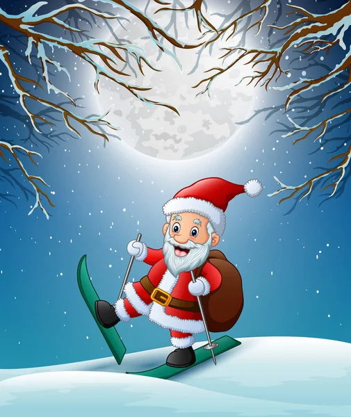 Santa Claus Esquiando Bosque Nieve — Vector de stock