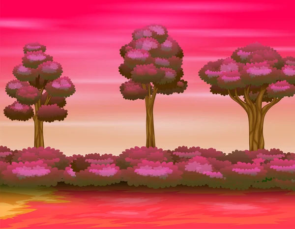 Ilustrace Lesní Krajiny Růžovém Nebi — Stockový vektor