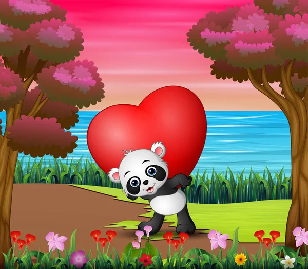 Cartoon Panda Tenere Cuore Rosso Nel Parco Rosa — Vettoriale Stock