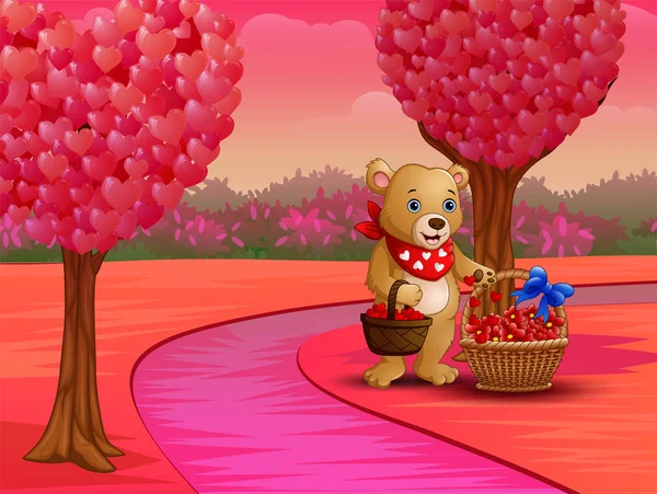 Cartoon Bear Basket Red Heart Pink Nature — 스톡 벡터