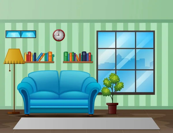 ソファと本棚付きの居心地の良いリビングルームのインテリア — ストックベクタ