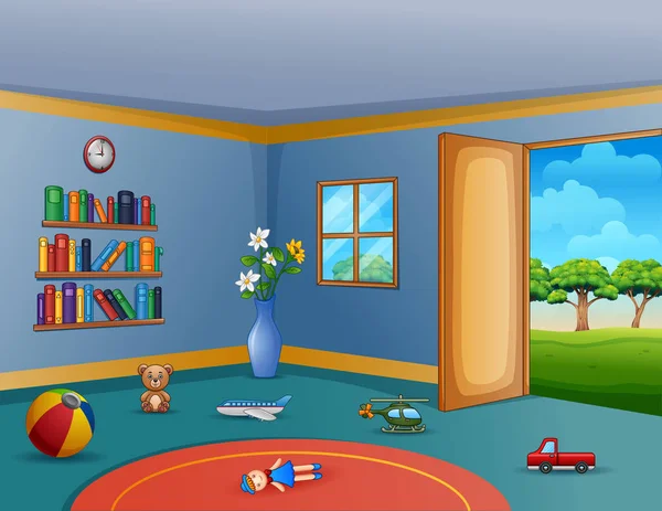 Leeres Wohnzimmer Mit Den Unordentlichen Kinderspielzeugen — Stockvektor