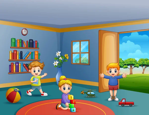 Kinder Spielen Ihr Spielzeug Zimmer — Stockvektor