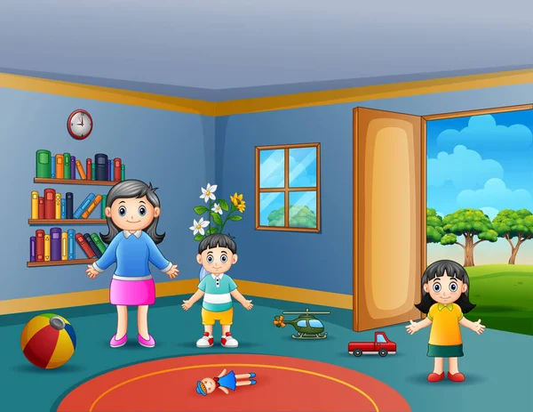 Glückliche Mutter Mit Ihren Kindern Beim Spielen Wohnzimmer — Stockvektor